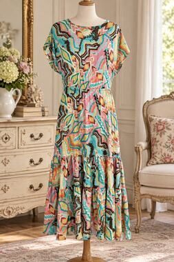 Paani Boho Maxi Dress Small Multicolor Abstract Paisley Print Tiered Short S